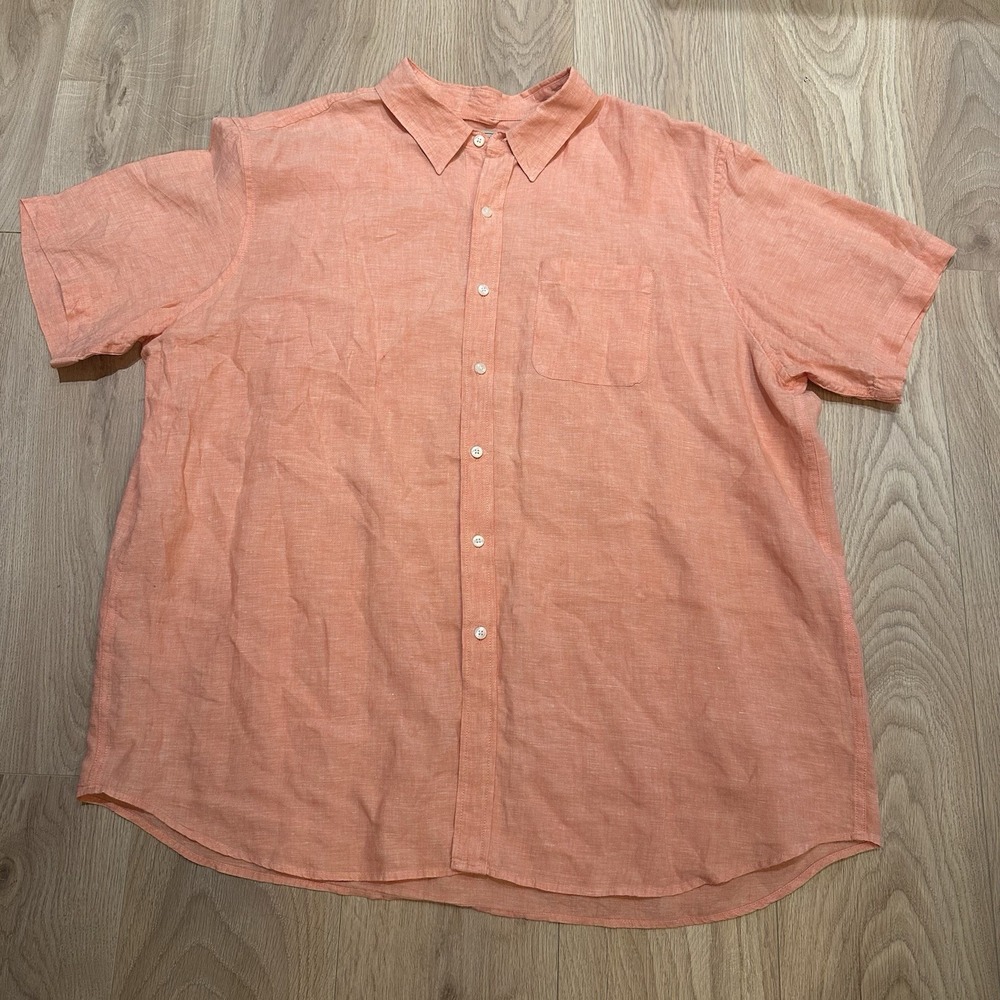 LL Bean 100% Linen Button Up Shirt Mens Size XXL Summer Casual Pocket Orange
